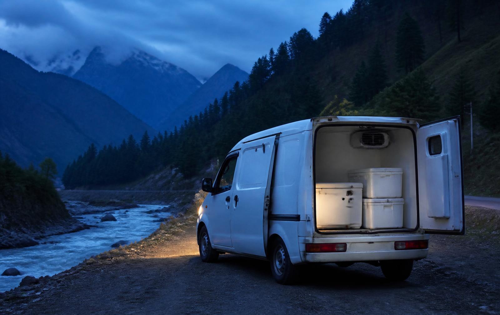 Refrigerated cool-van parked beside a mountain river at dusk with insulated boxes inside