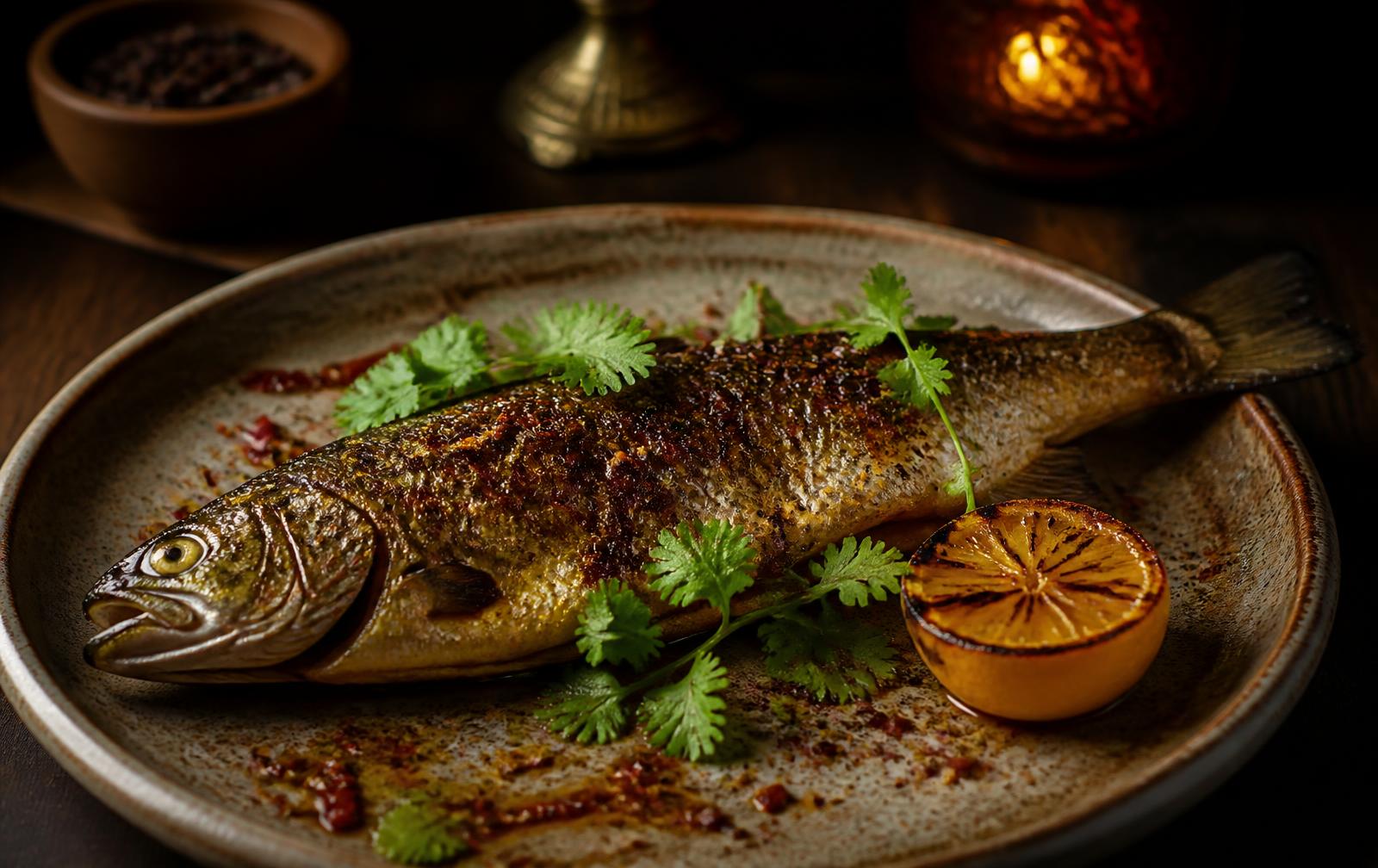Whole grilled trout plated on rustic ceramic with charred lemon and fresh coriander