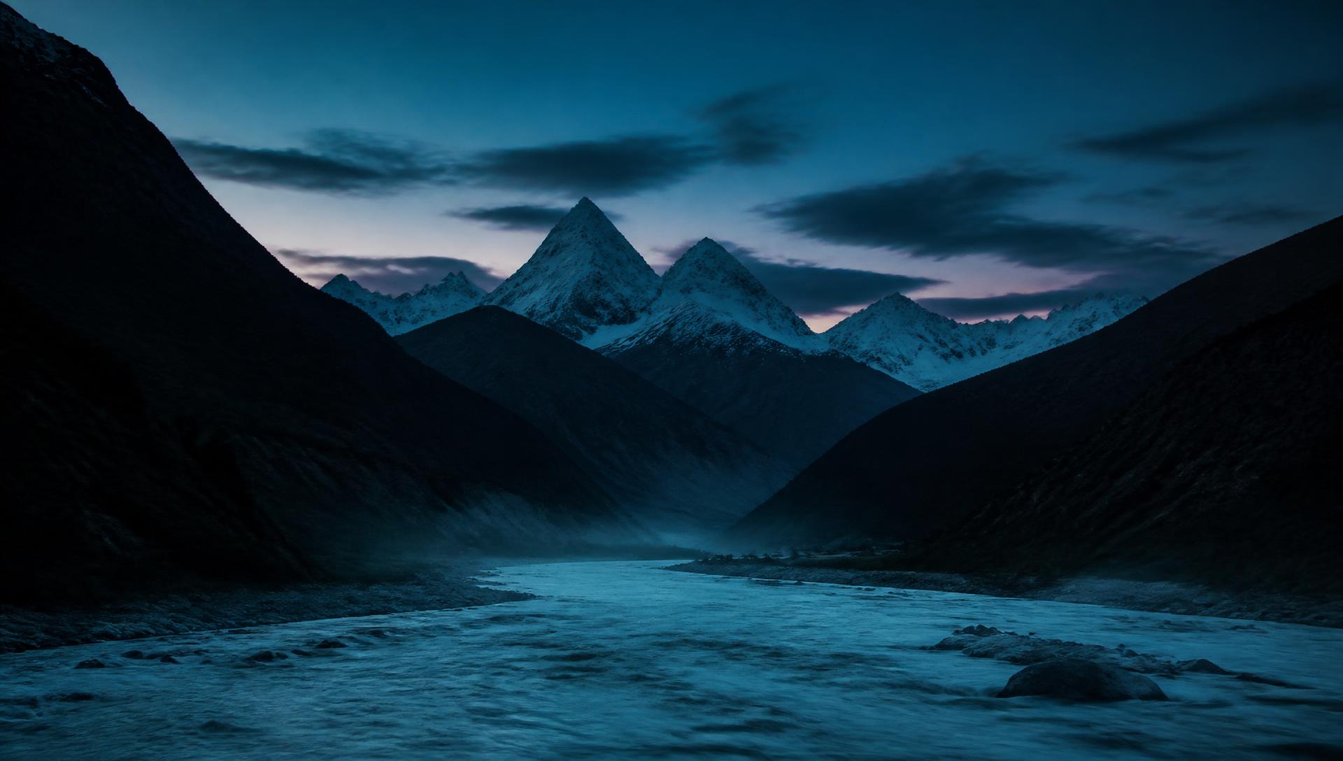 Glacier-fed Himalayan river winding between dark ridges beneath snow peaks at dusk