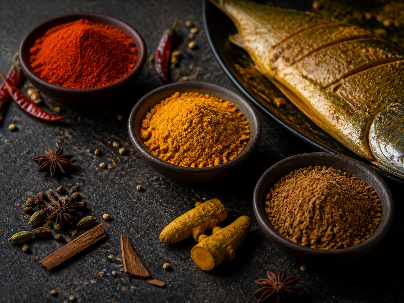 Three bowls of ground spice blends with whole spices and a marinated trout on dark stone